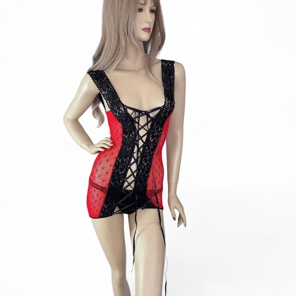 Y2K Red Mesh Chemise Lace Up Sheer Lingerie Heart Print Small - Picture 11 of 11